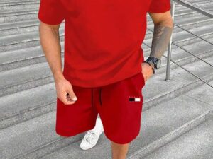 Men's Premium Pure Cotton Stretch Co-ord Set | Half Sleeves T-shirt & Shorts Tracksuit by Tommy (Set of 2)