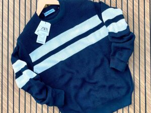 Men's Crew Neck Waffle Knit Striped Pullover Sweater