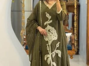 Olive green jaipuri cotton kurti pant dupatta set for women