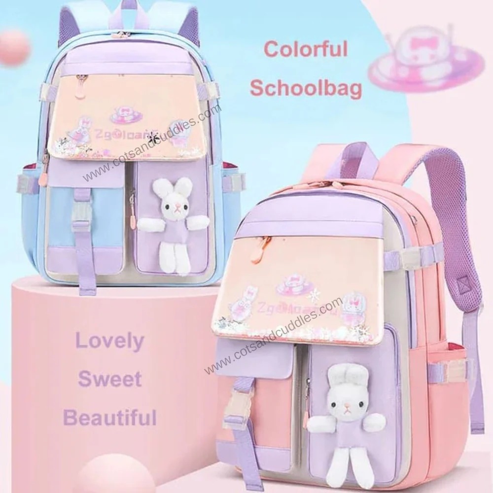 kids school backpack with bunny soft toy design