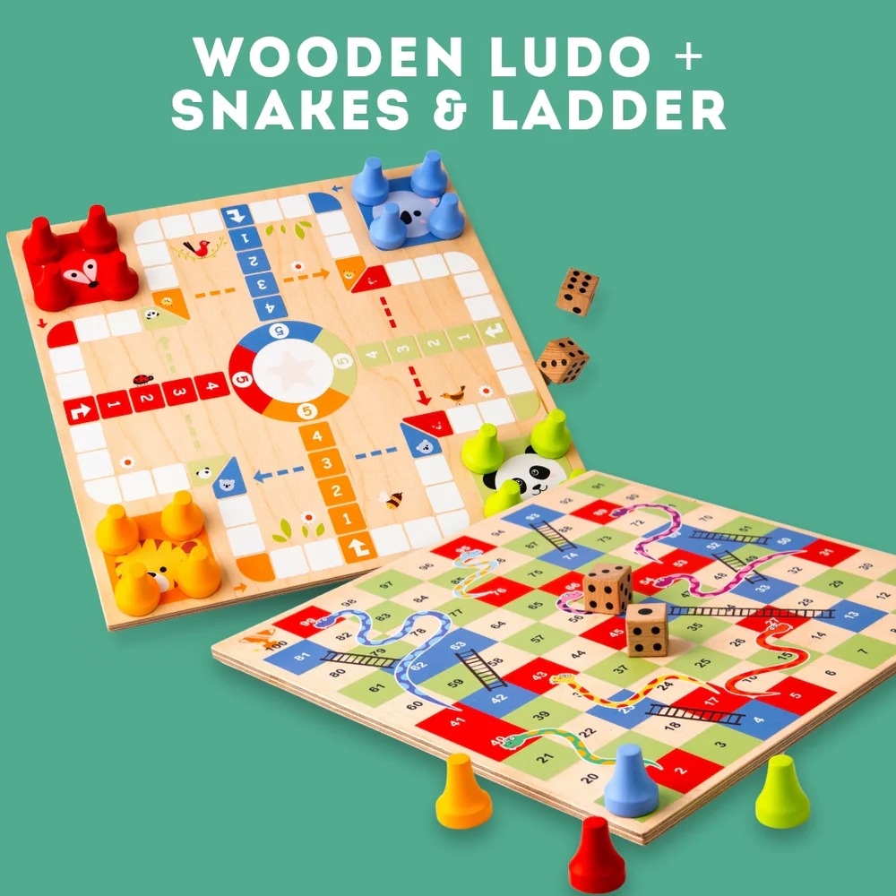 wooden ludo and snakes and ladders board game for kids