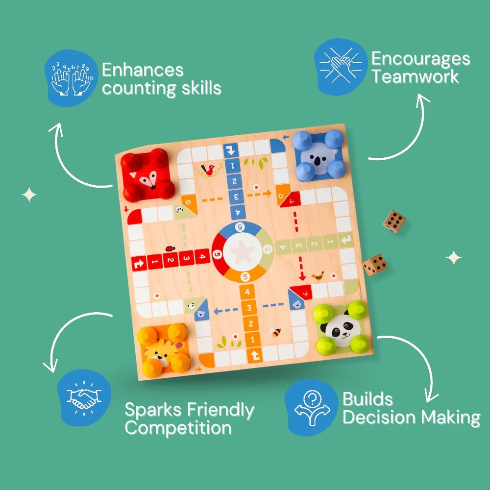 wooden ludo board game with animal tokens